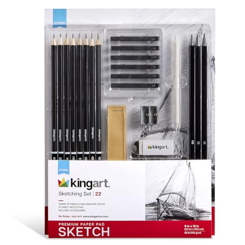 KINGART 22-Piece Professional Sketching Kit with 9x12 Drawing Pad – Includes 12 Graphite Pencils, 6 Soft Pastels, Blending Stump, Kneaded Eraser, and Sharpener – Versatile Artist Set for Shading