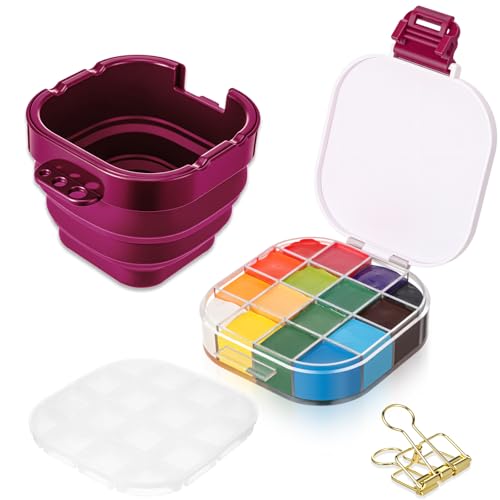 Airtight Acrylic Paint Palette Lid 16 Well Storage Box Travel Palette Paint Storage Container Fixing Clips Collapsible Brush Basin Art Supplies Organizer for Gouache Acrylic Watercolor and Oil(Pink) - color: Pink
