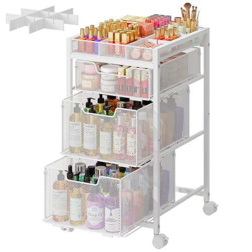 JKsmart Rolling Makeup Cart Organizer with 3 Drawers, Cosmetics Display with Dividers, Floor Skincare Storage with Wheels, Versatile Vanity Organizer for Nail Polish Perfume Brush Hair Tool, White - color: White, size: 4 Tier with 3 Drawers