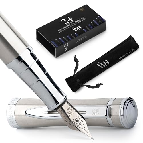 Wordsworth & Black Luxury Fountain Pen Set for Writing, Medium Nib, Silver | Gift for Men & Women, Brass Body, German Iridium, Calligraphy, Converter + 24 Ink Cartridges, Refillable, Leak-Free - color: Silver Chrome, style: Medium Nib
