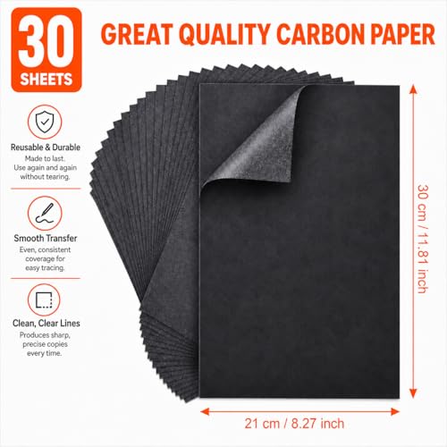 PSLER Black Carbon Paper for Tracing - 30Pcs Graphite Transfer Paper, A4 | Use with Tracing Paper, Dark Carbon Copy Paper for Drawing Patterns on Wood, Canvas, Fabric, Artist Lettering & Sketching - color: black