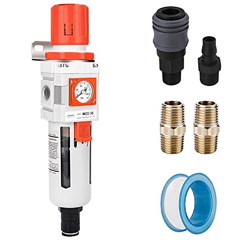 1/2" NPT Embedded Gauge Compressed Air Filter/Regulator Piggyback Combo, Auto Drain, 5 Micron Brass Element, Poly Bowl, Metal Bracket - size: 1/2" NPT, style: Auto Drain