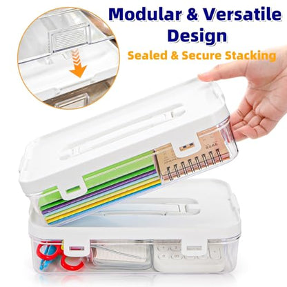 2 Pack Plastic Craft Storage Box with Lid, Clear Stackable Pencil Case, Portable Art Supply Organizer with Handle, Small Carrying Crayon Container for Sewing Ornament Nail Polish Tape