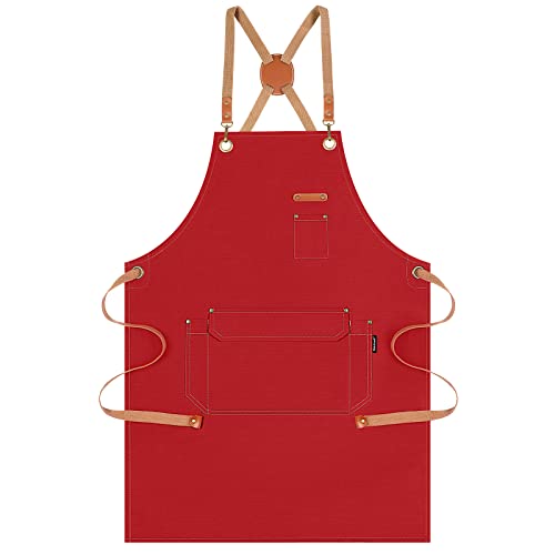 Genixart Chef Apron Men Women, Kitchen Aprons Cooking, BBQ - Red | Box Packed, Cotton Canvas, Cafe, Bar, Workshop, Restaurant, Water & Oil Stain Resistant, Cross Back Adjustable, Large Pockets - color: Red