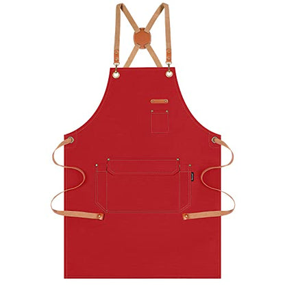 Genixart Chef Apron Men Women, Kitchen Aprons Cooking, BBQ - Red | Box Packed, Cotton Canvas, Cafe, Bar, Workshop, Restaurant, Water & Oil Stain Resistant, Cross Back Adjustable, Large Pockets - color: Red