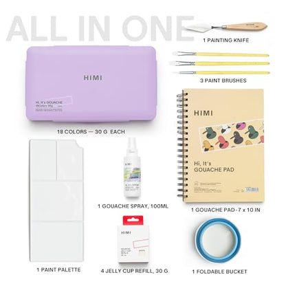 HIMI Deluxe 18 Colors Jelly Gouache Paint Gift Set – Complete Art Kit with Pad, Spray, Palette, Brushes, Painting Knife, Foldable Bucket & Refills for Beginners, Students & Artists (Purple) - color: 18 colors