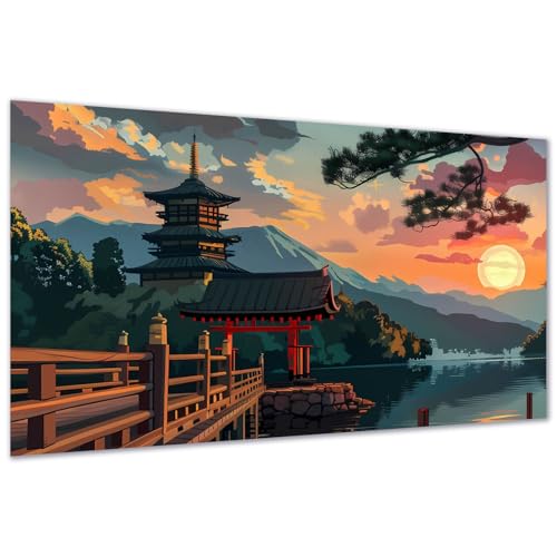 DDGEMART 5D Diamond Painting Kit for Adults, Full Drill Japanese Pagoda Sunset Mount Fuji Landscape Art for Beginners, Large Horizontal 28x16 inch - color: Japanese landscape