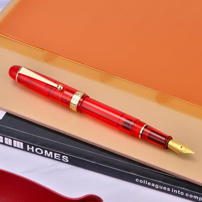 Asvine V126 Vacuum Filling Fountain Pen Transparent Red Acrylic, Medium Nib Large-Capacity with Gift Case - color: Transparent Red, style: Medium Nib