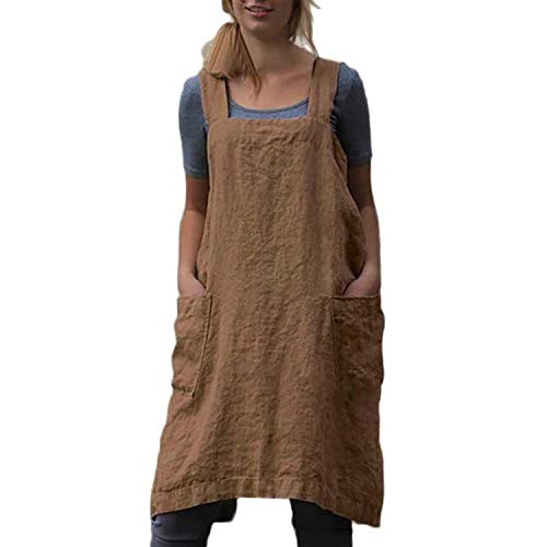 Japanese Aprons Plus Size Smock for Women with Pockets Cross Back Pinafore Dress Apron Baking Cooking Gardening - color: Brown, size: Medium