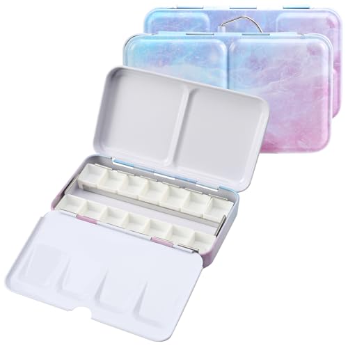 Watercolor Palette Empty with Paint Tray and 14PCS Watercolor Half Pans - Sturdy Empty Watercolor Palette Tin - Customizable Metal Watercolor Palettes - style: Illusionary Cloud