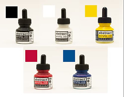 SENNELIER Abstract Acrylic Ink Set, Includes 5-30ml Bottles of Ink, Primary Colors (10-134220-00)