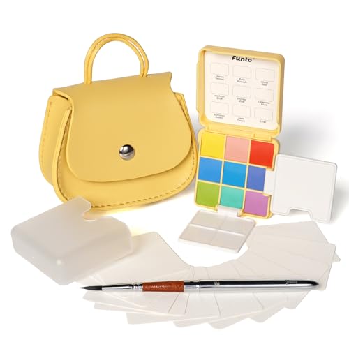 Funto Mini Watercolor Set Travel Kit with 9 Colors, Leather Bag & Watercolor Paper, Portable Drawing & Painting Supplies for Beginners, Art Gift Set - style: Yellow