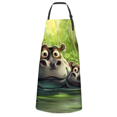 Playful Hippo Apron for Women Men, Cooking BBQ Chef Polyester Lightweight Cute Cartoon Hippo Aprons with Pockets for Baking Kitchen Gardening Cleaning, Adjustable Neck Strap, 28×33inch - color: Hippo24