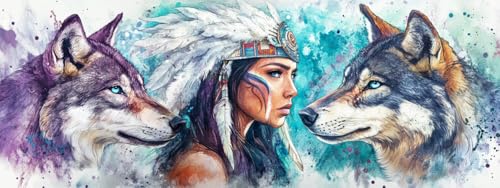 Bimkole Large Diamond Art Kits for Adults Indian Wolf, Full Drill 5D DIY Rhinestone Embroidery Set Paint with Diamonds Art Women by Number Kits Cross Stitch Home Wall Craft Decoration 31.5x11.81 Inch - color: Big-Indian wolf