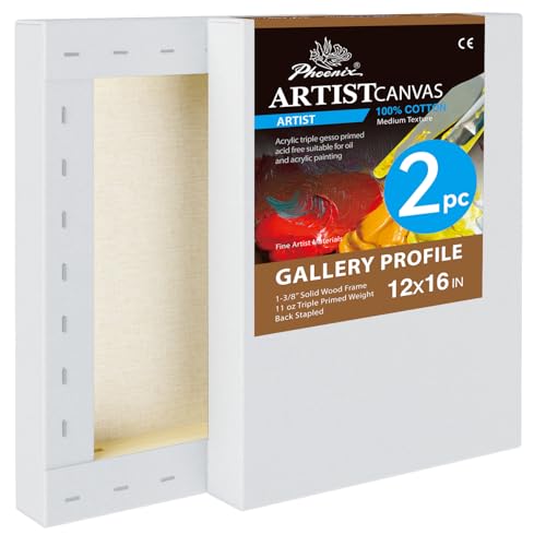 PHOENIX 12x16 Inch 2 Pack Gallery Canvas - 1.5 in Thick Canvases for Painting - Deep Edge 100% Cotton 11 Oz. Gesso Primed White Blank Professional Canvas Oil & Acrylic Paints - size: 12"x16", style: Gallery