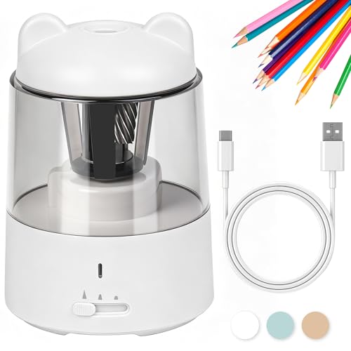 Electric Pencil Sharpener, Rechargeable Auto-Stop for 6-8mm, 3 Modes | Fast Sharpen in 3s, Battery Powered, Heavy Duty Blade, Suitable for No.2(6-8mm), School/Home/Office - color: White