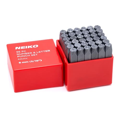 NEIKO 02625A Number and Letter Punch Set with Heat-Treated Steel Punches, Imprinting & Arts and Crafts, 5/16" (8MM) Shaft, 36 Pc Stamp Set, Uppercase Letter & Number Punch Set (A-Z / 0-8 / "&" Symbol) - size: 8mm - 5/16"