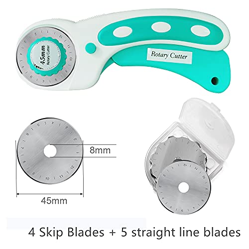 45mm Rotary Cutter with 9pcs Extra Rotary Blades, Ergonomic Rolling Cutter with Safety Lock for Fabric, Sewing, Quilting, Cloth, Paper, Leather, Crafting, Fabric Rotary Cutter (Cyan) - color: Cyan, size: 45mm