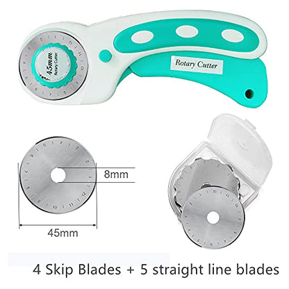 Headley Tools 45mm Rotary Cutter with 9pcs Extra Rotary Blades, Ergonomic Rolling Cutter with Safety Lock for Fabric, Sewing, Quilting, Cloth, Paper, Leather, Crafting, Fabric Rotary Cutter (Cyan) - color: Cyan, size: 45mm