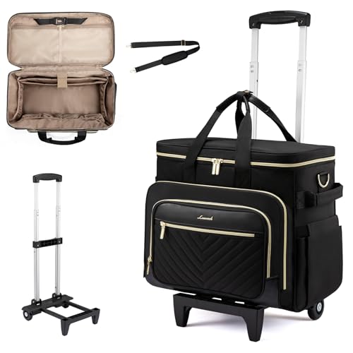 LOVEVOOK Rolling Teacher Bag, Laptop Tote with Detachable Dolly | Fits 17.3 Inch Laptop, Detachable Dolly, Large Rolling Tote Bag for Teacher Office Work Nurse, Adjustable Handle - color: Quilted-black