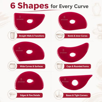 Diyoohomy 6pcs Soft Silicone Pottery Ribs for Ceramic, Mud and Clay Tools | Red Flexible Rubber Rib Trimming, Shaping, Smoothing Tools Kit And Supplies, Mudtools Wheel Throwing, Handbuilding, Sculpting - color: red-6