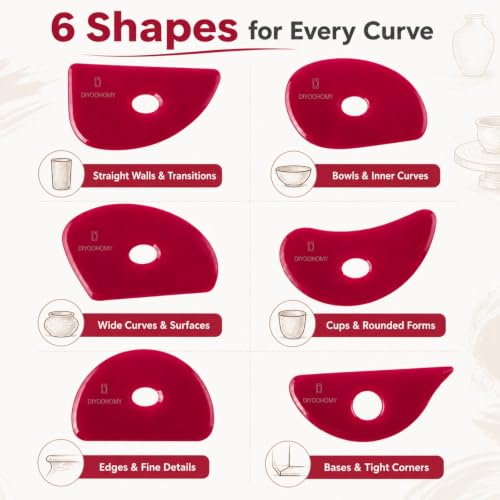 Diyoohomy 6pcs Soft Silicone Pottery Ribs for Ceramic, Mud and Clay Tools | Red Flexible Rubber Rib Trimming, Shaping, Smoothing Tools Kit And Supplies, Mudtools Wheel Throwing, Handbuilding, Sculpting - color: red-6