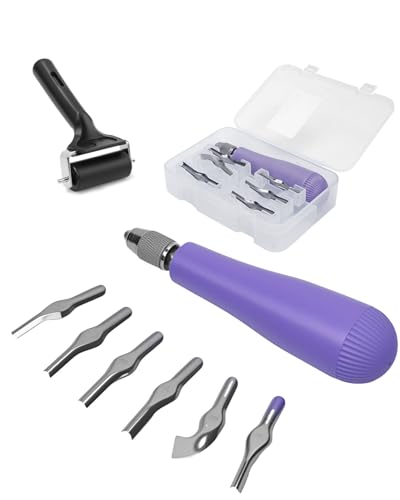 UCEC Linocut Carving Tools 6 Blades & 2.4in Brayer, Purple for Beginners | Linoleum Cutter for Block Printing Supplies, DIY Sculpture&Beginners, Universal Size 6 Blades, Linocut Tools with Brayer - color: 2pcs(linoleum Knife+2.4 Inch Brayer Roller)