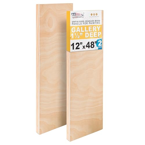 U.S. Art Supply 12" x 48" Unfinished Cradled Wood Panels for Painting, Gallery 1-1/2" Deep (2 Pack)- Artist Depth Wooden Wall Canvases - Mixed-Media Craft, Acrylic, Oil, Encaustic, Paint Pouring - size: 12" x 48"