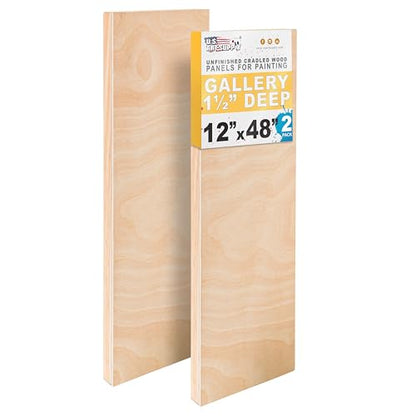 U.S. Art Supply 12" x 48" Unfinished Cradled Wood Panels for Painting, Gallery 1-1/2" Deep (2 Pack)- Artist Depth Wooden Wall Canvases - Mixed-Media Craft, Acrylic, Oil, Encaustic, Paint Pouring - size: 12" x 48"