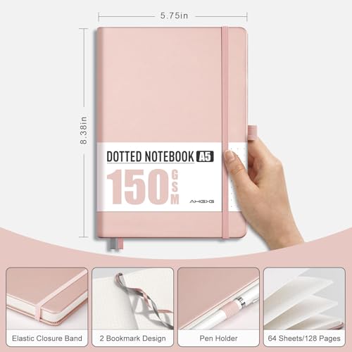 AHGXG Dotted Journal, 150 GSM Paper, 128 Pages, A5 (5.7'' X 8.3'') - color: Rose Gold, style: A5-Dotted-150G