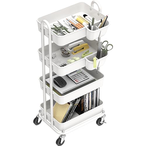 Simple Houseware 4-Tier Rolling Utility Cart with Hanging Bucket, White - color: White, size: 4-Tier