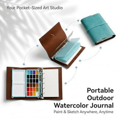 Mini Travel Watercolor Sketchbook Set - 24 Colors Pocket Paint Kit (6 Metallic, Neon, Macaron) with Refillable 300gsm Black & White Paper - PU Leather Urban Sketching Binder & Water Brush Gift - color: Green