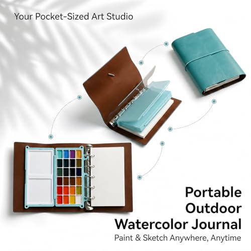 Mini Travel Watercolor Sketchbook Set - 24 Colors Pocket Paint Kit (6 Metallic, Neon, Macaron) with Refillable 300gsm Black & White Paper - PU Leather Urban Sketching Binder & Water Brush Gift - color: Green