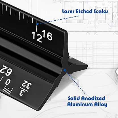 Macarrie 10 Pcs Architectural Scale Ruler 12" Architect Engineers Scale Triangular Ruler Set Aluminum Metal Rulers with Imperial Measurements for Architect School Student Draftsman Engineer (Black) - color: Black