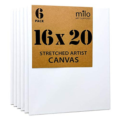 milo Stretched Artist Canvas, 16x20 inch, Value Pack of 6, Blank White | Primed & Ready-to-Paint Art Painting Supplies for Acrylic, Oil, Mixed Wet Media, & Pouring, 100% Cotton with Pine Wood Frame - size: 16" x 20"