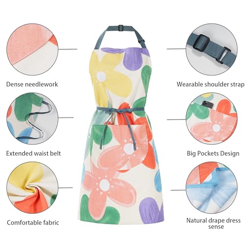 2 Pack Floral Apron for Women with Pockets, Adjustable Cotton Chef Aprons for Kitchen, Cooking, BBQ & Grill - color: Red/Peony