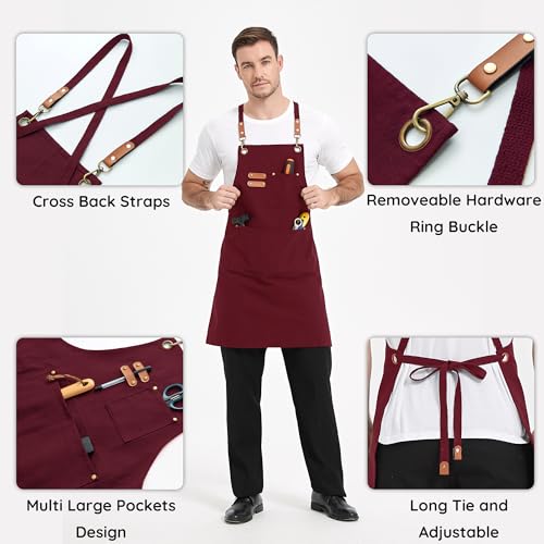 Chef Canvas Aprons with 3 Large Pockets Adjustable Strap for Men Women - color: Red