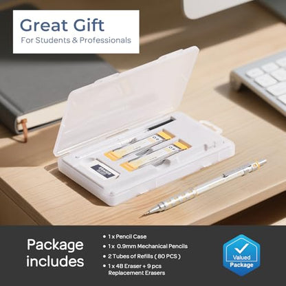 Nicpro Blocky Gear 0.9 mm Mechanical Pencils Set, Metal Pencil with Case | 120 Lead Refills, Erasers+9 Eraser Refill, Hexahedral Barrel, Mechanical Pencil Bulk, for Professional Sketching Drafting - size: 0.9 mm