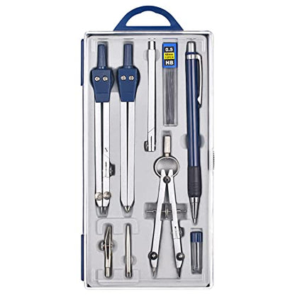 Unjoo 9Pcs Precision Geometry Set Metal Compass,Geometry Tool Set (Blue) | Shatterproof Storage Box, Circle Drafting Tool and Architecture, Drafting Kits for Engineers Students - color: Blue