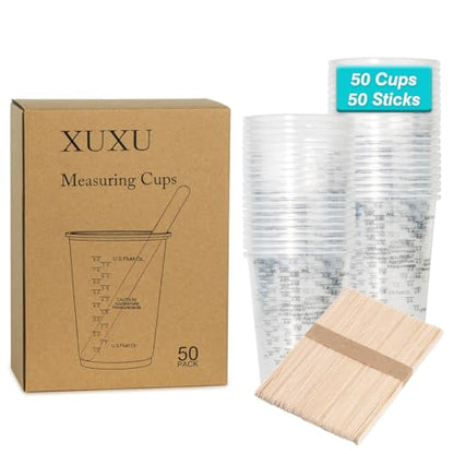 XUXU 50pcs 8oz Graduated Clear Plastic Measuring Cups with Wooden Stirring Sticks for Mixing Paint, Pigments, Epoxy Resins, Resins