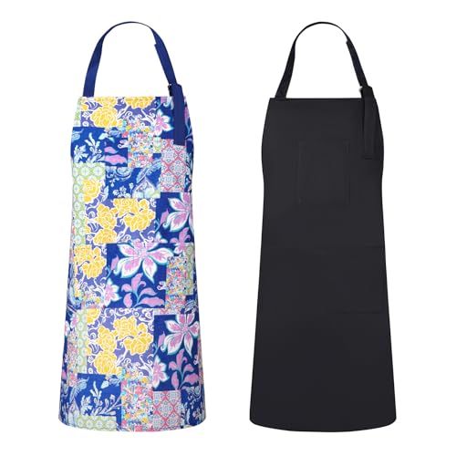 2 Pack Bid Aprons, Adjustable Kitchen Apron with 3 Pockets, Chef Works Apron. - color: Navy Flower