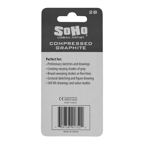 SoHo Urban Artist Compressed Graphite Sticks 2B, Pack of 3 - Premium Graphite Sticks for Drawing - Versatile & Smooth Gliding Artist Graphite - Ideal for Professionals, Students, and Artists - color: 2B