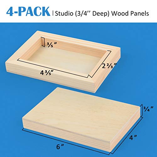 4 Pack 4x6’’ Unfinished Birch Wood Panels Kit for Painting | Studio 3/4’’ Deep Wooden Canvas, Cradle Boards for Acrylic Pouring, Art, Crafts, Epoxy Resin, Laser Engraving Cutting - size: 4'' x 6'' Studio