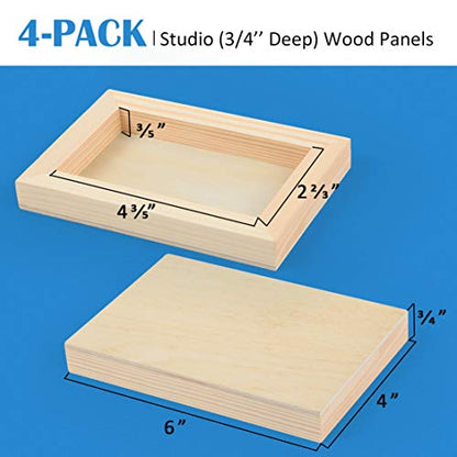 4 Pack 4x6’’ Unfinished Birch Wood Panels Kit for Painting | Studio 3/4’’ Deep Wooden Canvas, Cradle Boards for Acrylic Pouring, Art, Crafts, Epoxy Resin, Laser Engraving Cutting - size: 4'' x 6'' Studio