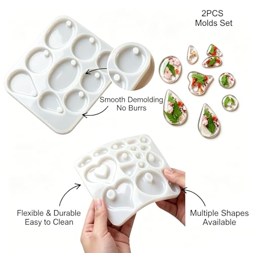 2Pcs Silicone Resin Casting Mold Set for Jewelry Pendants, Round, Oval, Heart and Teardrop Shapes with Hole Silicone Mold for Crafts Keychain Earrings Pendant Epoxy Resin Jewelry Making