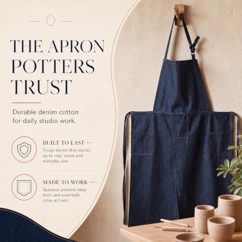 Denim Clay Pottery Apron, Long Blue Denim Cotton Split Leg Apron, 35" x 27" One Size Fits Most with Slanted Side Pockets for Potters for Chefs, Gardeners, and Artists