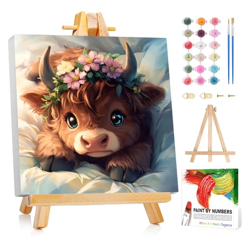Reivworl Framed Cow Paint by Numbers Kit for Adults Beginner 10×10 inch | Cow Paint by Number with Frame and Easel, Painting by Numbers for Gifts and Home Decor. - color: 03-Cow