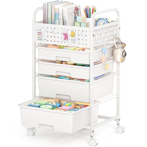 SYKIARIOL 4 Drawer Rolling Storage Cart with Pegboard Top and Hooks, White - color: White, size: 4-Drawers