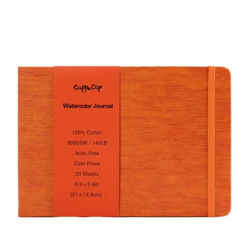 CuppaClip Leather Watercolor Journal, 300gsm/140lb 100% Cotton Cold Press Water ColorPaper, 20 Sheets Acid-Free Watercolor Sketchbook Art Notebook for Painting, Drawing, Travel (Orange, 8.3x5.8in) - color: Orange, size: 8.3x5.8in