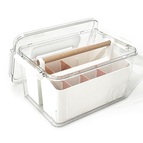 Craft Caddy with Lid and Lift-Out Portable Caddy, Pink | Art Supply Storage, Adjustable Dividers, Clear Storage Organizer, Teacher Supplies, Markers & Brushes, Stackable 11x8x7 in - color: Clear-Pink